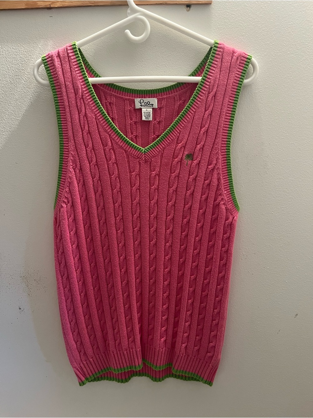Lilly Pulitzer Pink Cable Knit V-Neck Sweater Vest with Green Trim